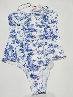 WDIRARA Women's Blue & White  One-Piece Swimsuit Size Medium